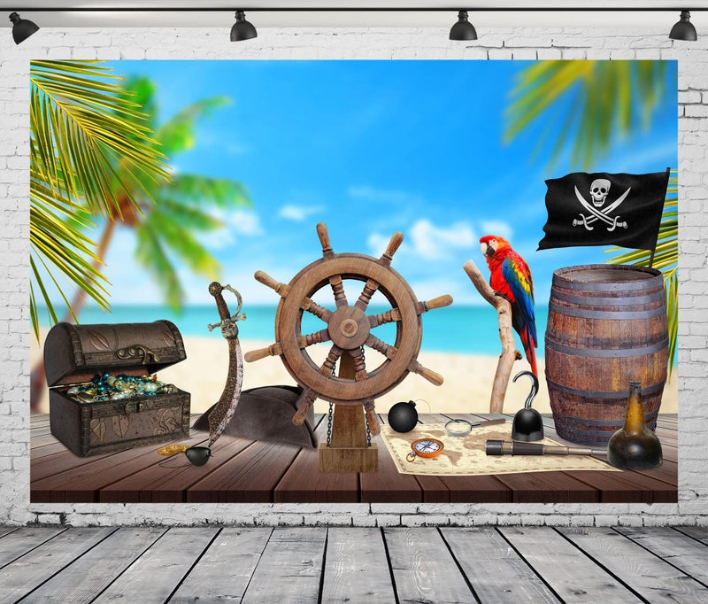 BELECO 7x5ft Fabric Pirate Backdrop for Photography Beach Pirate Ship Wooden Rudder Treasure Map Jewelry Box Barrel Parrot Background Halloween Pirate Party Decor Kids Birthday Photoshoot Photo Props - Image 2